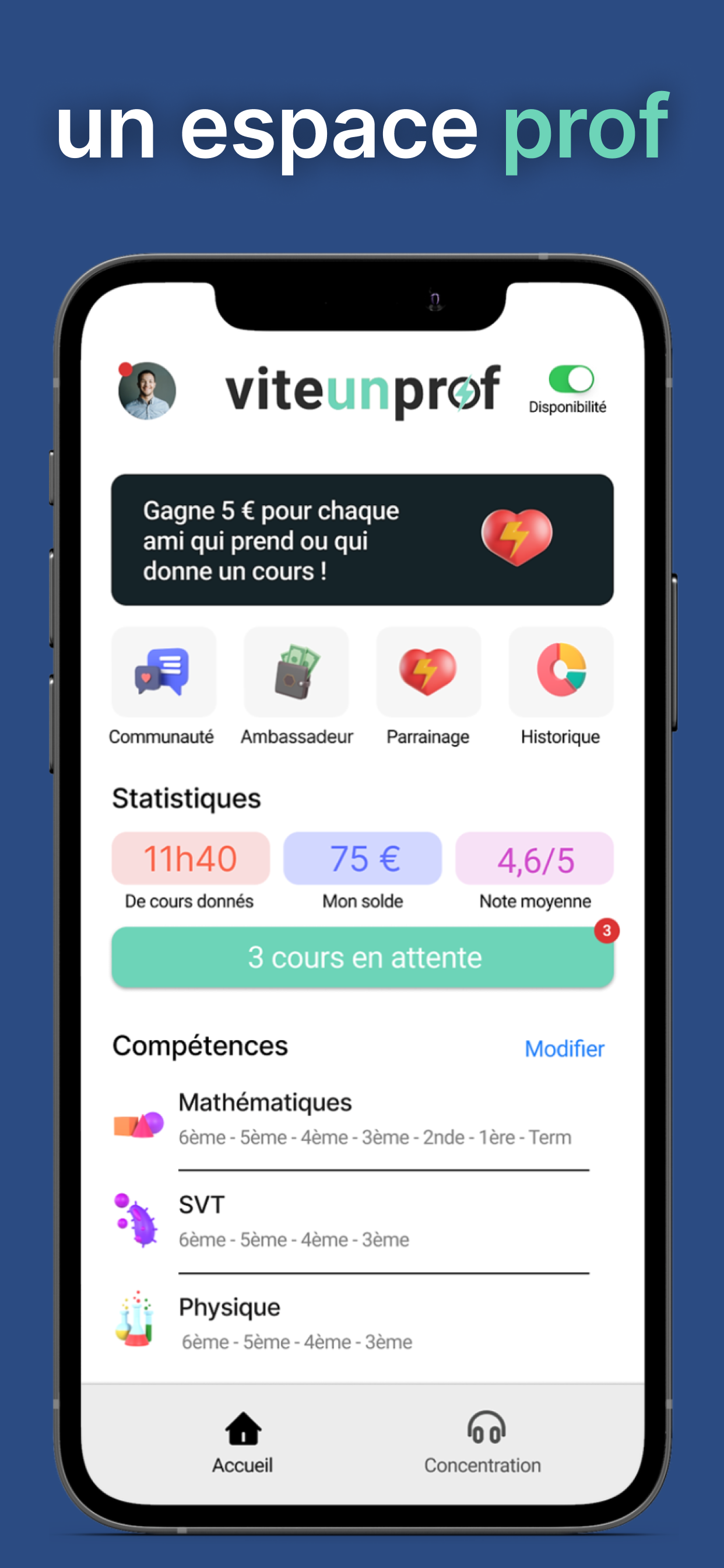 Illustration application mobile ViteUnProf Accueil Professeur